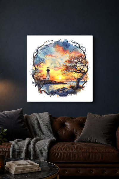 Lucena Pictură metalică cu far în acuarelă, pictură decorativă de perete cu a...