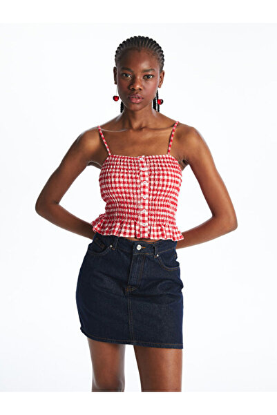 LC Waikiki Heart Collar Plaid Strappy Seersucker Blouse