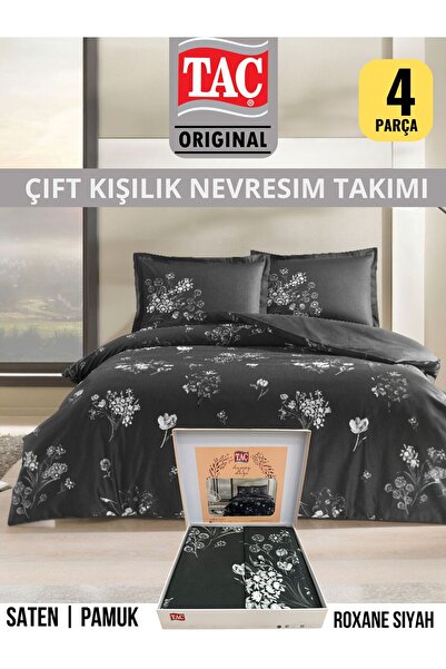 Taç Roxane siyah Pamuk Saten Çift Kişilik Nevresim Takımı
