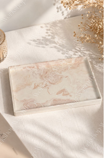 Workshop Warmth GaB Velvet Marble Mermer Desenli Dekoratif Dikdörtgen Tepsi, ...