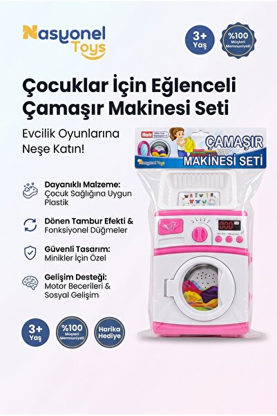 NASYONEL TOYS Çocuklar İçin Eğlenceli Pembe Beyaz Oyuncak Çamaşır Makinesi Se...