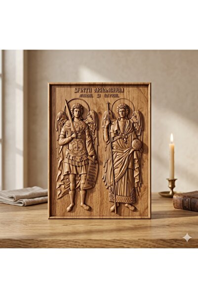 OEM Icon carved in solid oak wood – Saints Archangels Michael and Gabriel – 3...