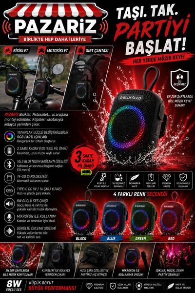 pazariz Wıreless Bluetooth Portable Speaker Bs-296 8w Rgb Kablosuz Hoparlör S...