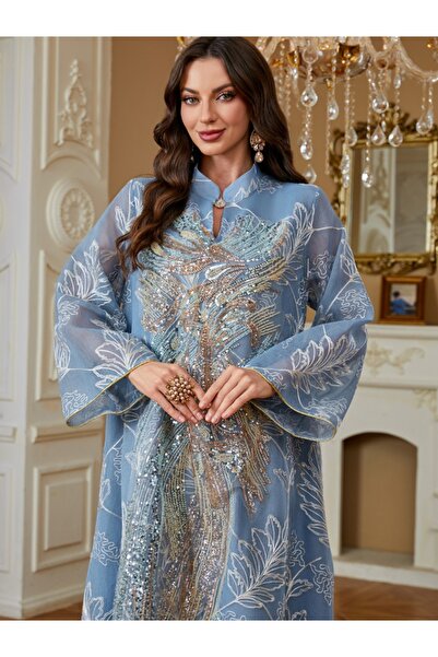 Classy She Mesh Embroidery-luxurious Beaded Appliqué-long Jalabiya Loose-fitt...
