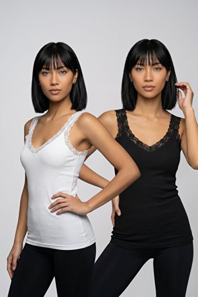 fevien 2-Pack Women's Lace Detailed V-Neck Thick Strap Camisole Self-Bra Cott...