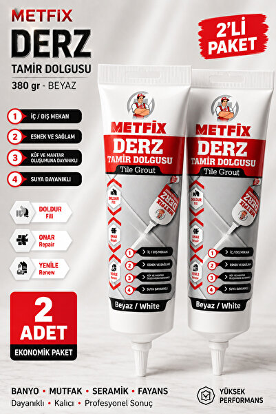 METFİX Hazır Derz Arası Tamir Dolgusu 2 Adet - 380 Gr Beyaz Fayans Seramik De...