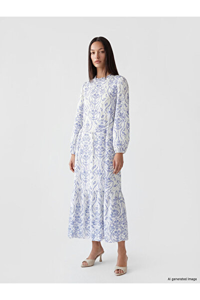 LC Waikiki Blue Crew Neck Patterned Dress