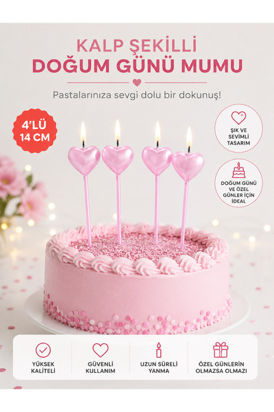 Aspak Kalpli 4 Lü Metalik Parlak Pembe Kalp Mum Sevgililer Günü Doğum Günü Öz...
