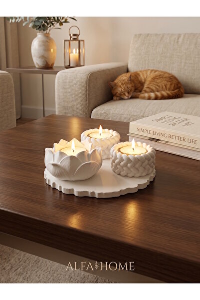 ROSA RAİN Modern Minimalist Beyaz Dekoratif 4'lü Mumluk ve Sunum Seti Lotus v...