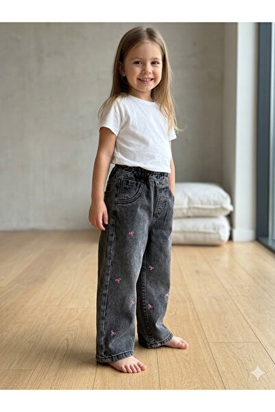 Motebarn Wear Girl's Anthracite Washed Pink Bow Embroidered Loose Fit Jeans
