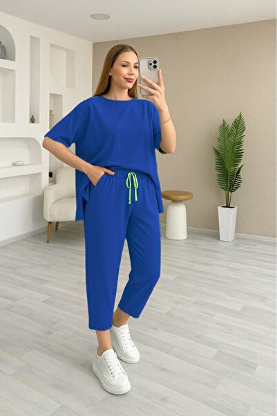 Efnaz style طقم بلوزة وبنطلون نسائي بأكمام قصيرة وياقة دائرية من الفسكوز مكون...