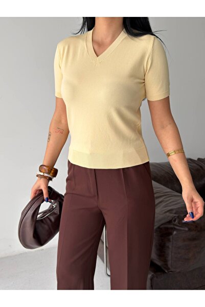 Lovely butik Women's V-Neck Mercerized Textured Knitwear T-Shirt Summer Basic...