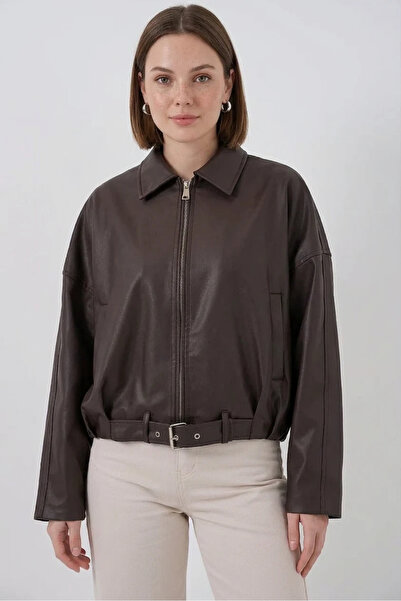 buğrahayalin Women's Shirt Collar Belted Belt Detailed Brown Jacket