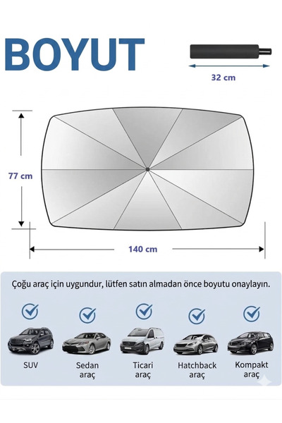 tozlupazar Oto Araba Güneşlik Şemsiye Tip Ön Cam Güneş Önleyici Katlanabilir. Tüm araçlara uygun