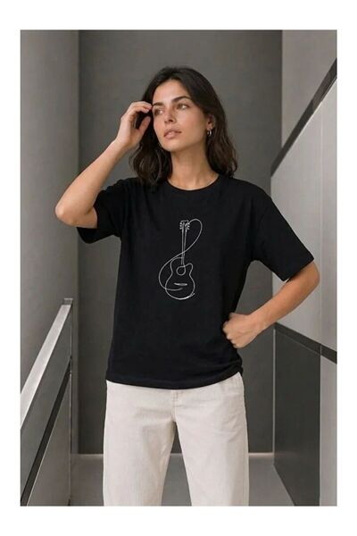 LC Waikiki تي شيرت NEVAVM Farklıly Minimal Guitar مطبوع عليه صورة جيتار، تي ش...