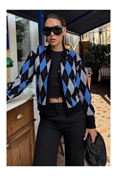 LC Waikiki Nevavm Black Diamond Patterned Polo Collar Women's Cardigan with D...