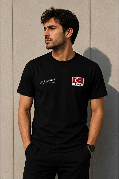 LOTS MODA Türkiye Atatürk İmzalı Özel Tasarım Tişört (Metalize Türk Bayrağı Orijinal)
