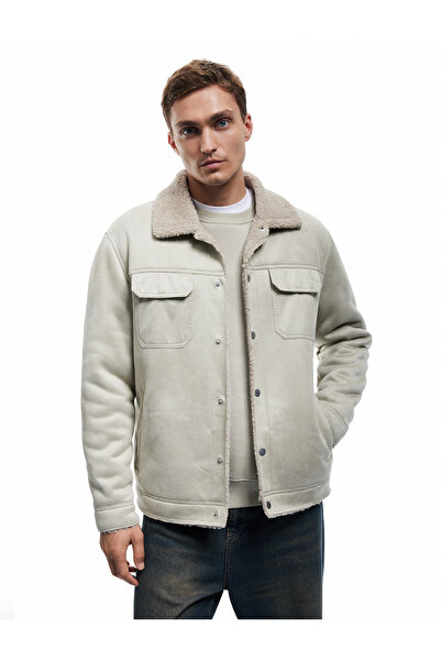 Koton Slim Fit Plush Collar Faux Suede Jacket with Flap Pockets and Snap Butt...
