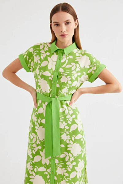 buğrahayalin Women's Shirt Collar Belted Floral Patterned Viscose Green Dress