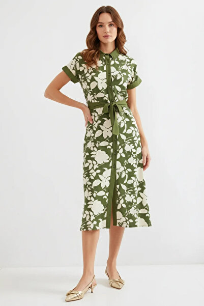 buğrahayalin Women's Shirt Collar Belted Floral Patterned Viscose Khaki Dress