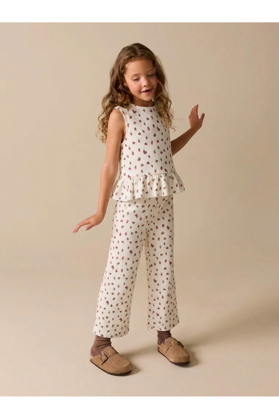 Tinymuyt Girl's Crinkle Pants and Blouse 2-Piece Set Floral Patterned White