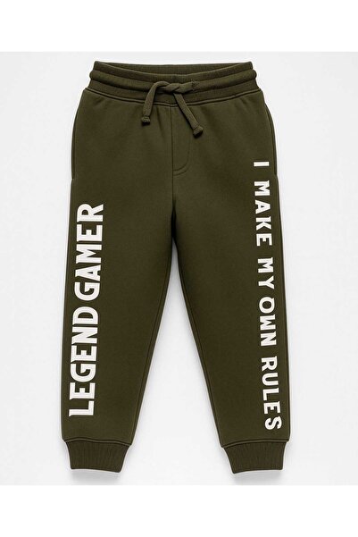 Pine kids Knit Full Length Lounge Pant With Text Print - Olive Green