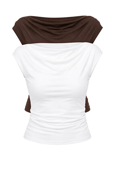 Bianco Lucci Women's Degaje Collar Side Gathered Detailed Lycra Double Blouse...