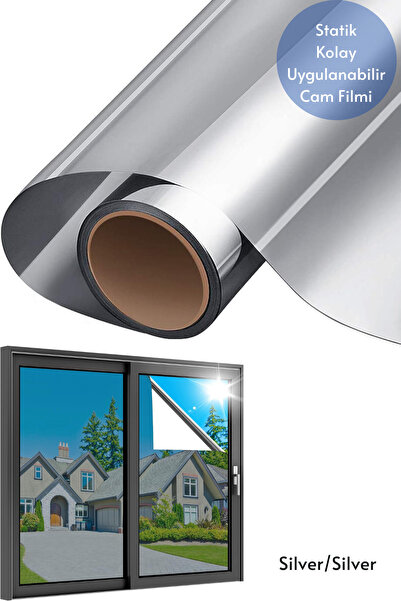Technojet 50x100 cm Aynalı Cam Filmi Silver Silver Statik UV Güneş Koruyucu C...