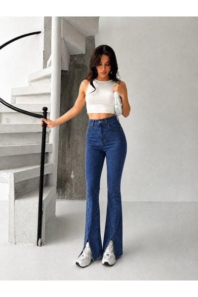 KENE JEANS MAVİ ÖN BACAK PENS YIRTMAÇLI ESNEK İSPANYOL PAÇA PANTOLON