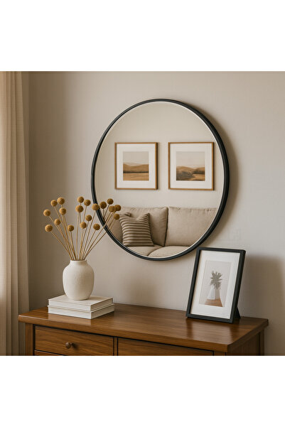 Ebticar Round Aluminum Mirror with Black Frame – 100×100 cm