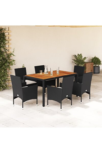 vidaxl Set mobilier gradina perne 7 piese negru poliratan/lemn acacia
