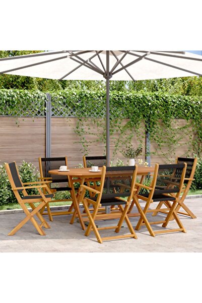 vidaxl Set mobilier de gradina 7 piese polipropilena neagra/lemn masiv