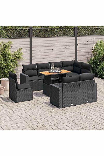 vidaxl Set mobilier de gradina cu perne, 9 piese, negru, poliratan