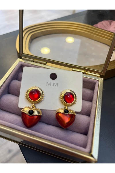 gozdeasutayaccessory Red Gold Heart Earrings