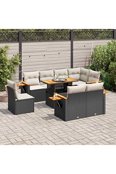 vidaxl Set mobilier gradina perne 9 piese negru poliratan/lemn acacia