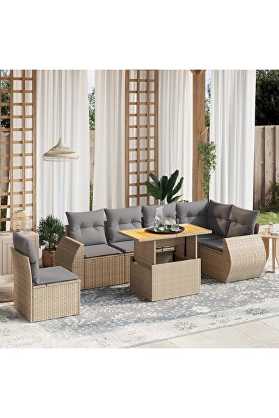 vidaxl Set canapele de gradina, 7 piese, cu perne, bej, poliratan