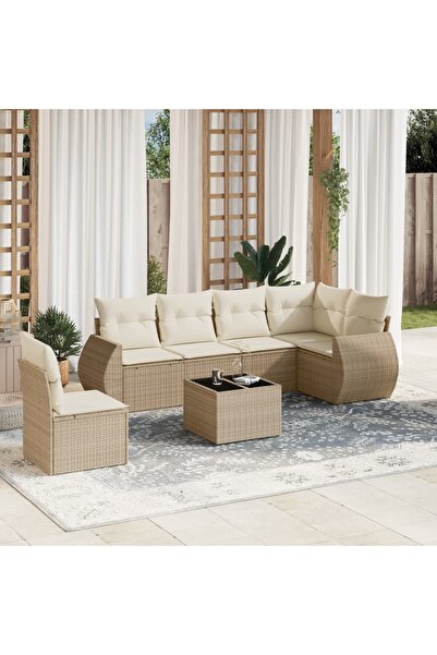 vidaxl Set canapele de gradina, 7 piese, cu perne, bej, poliratan