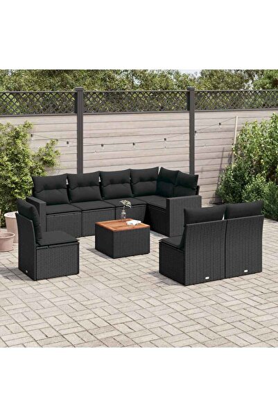 vidaxl Set mobilier de gradina cu perne, 9 piese, negru, poliratan