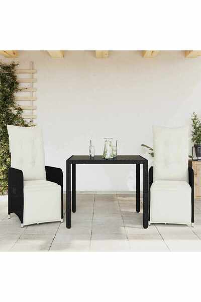 vidaxl Set bistro de gradina cu perne, 3 piese, negru, poliratan