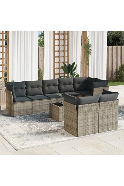 vidaxl Set canapele de gradina, 9 piese, cu perne, gri, poliratan
