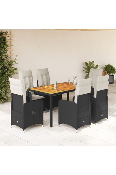 vidaxl Set bistro de gradina, 7 piese, cu perne, negru, poliratan