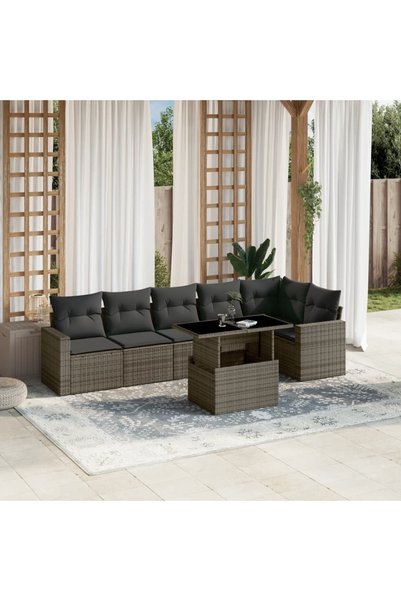 vidaxl Set canapele de gradina, 7 piese, cu perne, gri, poliratan
