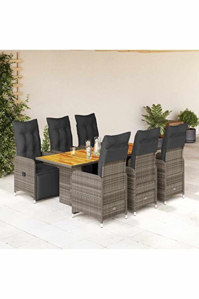 vidaxl Set bistro de gradina cu perne, 7 piese, gri, poliratan
