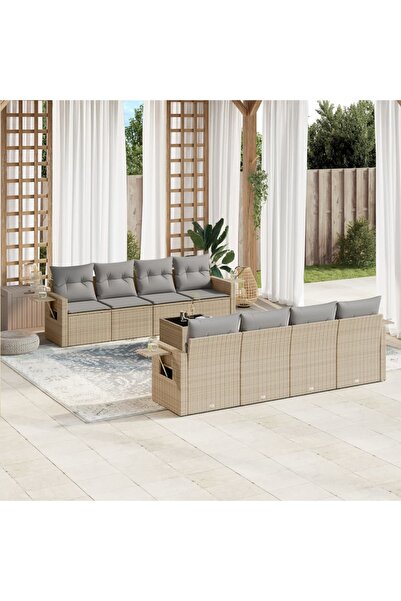 vidaxl Set canapele de gradina, 9 piese, cu perne, bej, poliratan