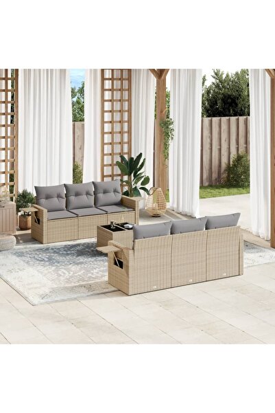 vidaxl Set canapele de gradina, 7 piese, cu perne, bej, poliratan