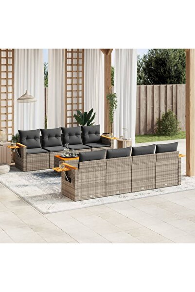 vidaxl Set canapele de gradina, 9 piese, cu perne, gri, poliratan