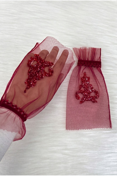 ZEYMERADE Burgundy Luxury Crystal Glass Bead Bridal Gloves, Henna Night Weddi...