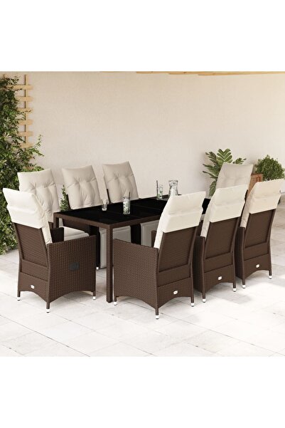 vidaxl Set bistro de gradina cu perne, 9 piese, maro, poliratan