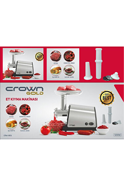 Crown CRW-1813 Gold 1200 Watt Elektrikli Kıyma Makinesi, İçli Köfte, Sosis, S...