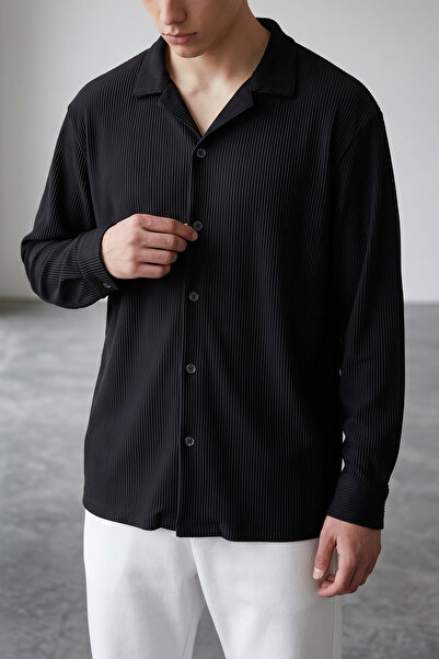 modasende Men's black ottoman fabric long sleeve relaxed fit shirt